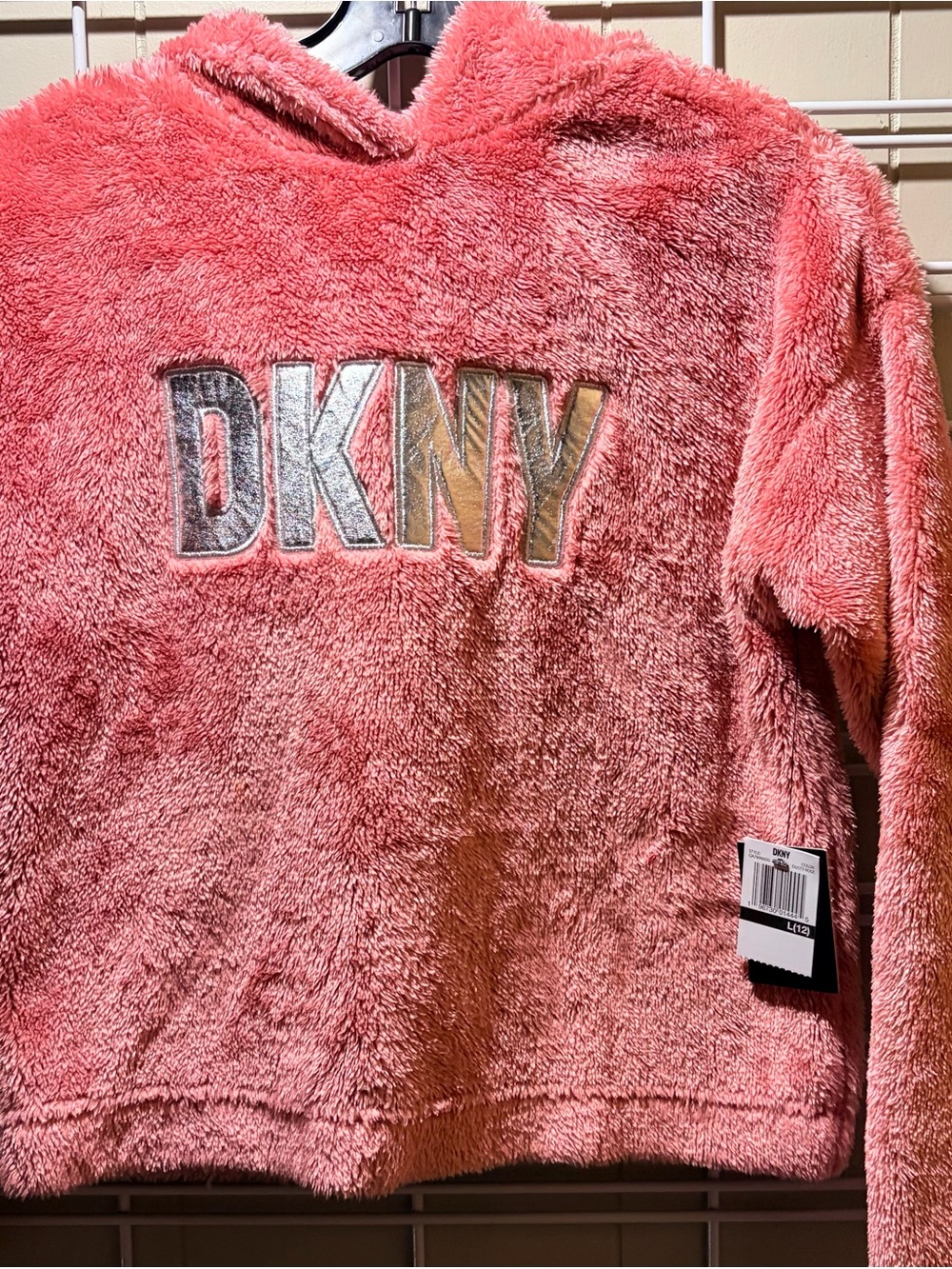 NWT, Girls , DKNY Plush Coral Hoodie Sweater Sz 12
